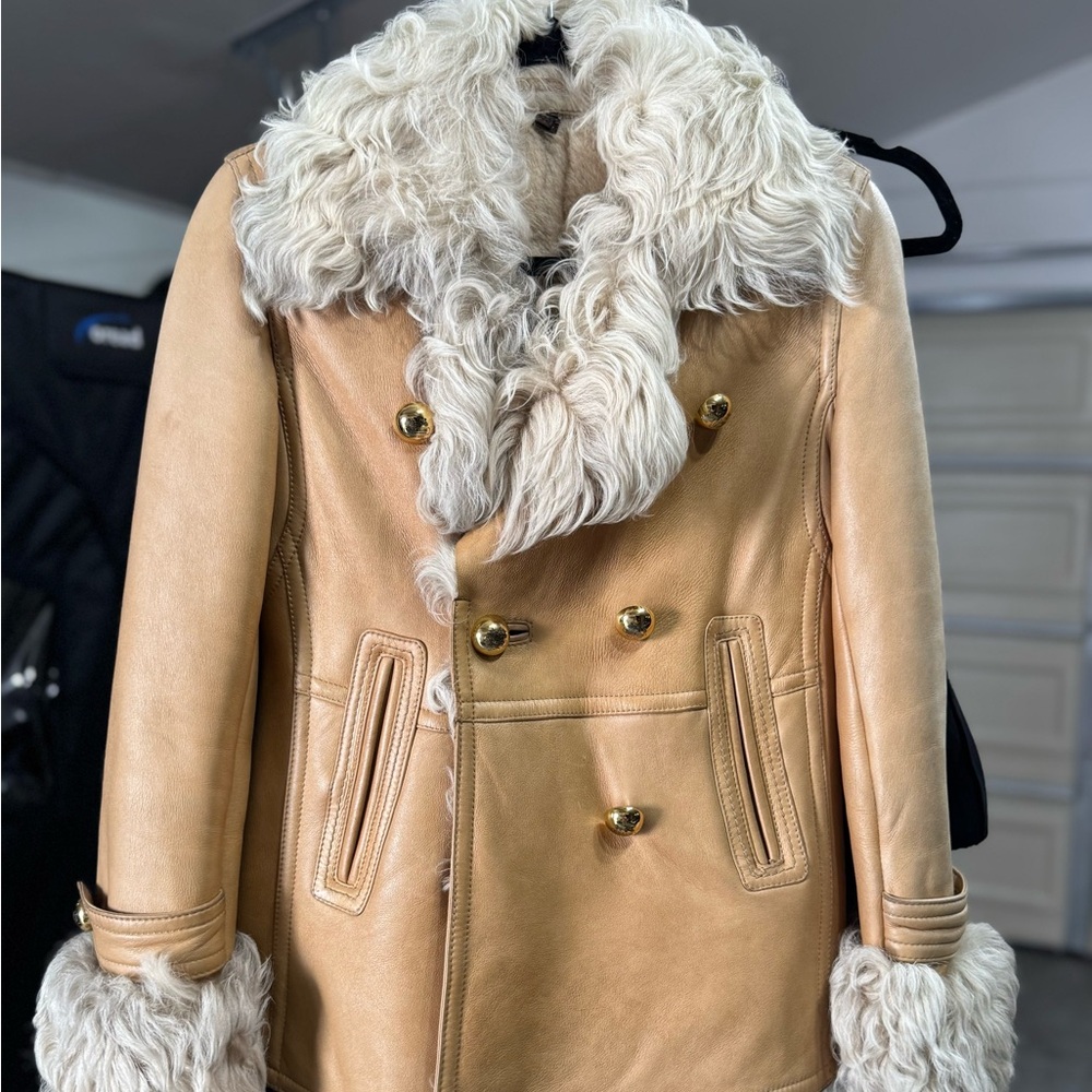 Coach Tan Shearling Jacket with Gold Buttons